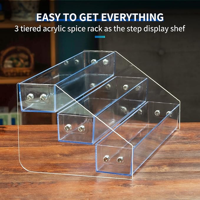 Acrylic Spice Rack, Tiered Spice Rack Shelf Seasoning Organizer for Countertop, Cabinet, Pantry, Kitchen Storage - 3 Tier