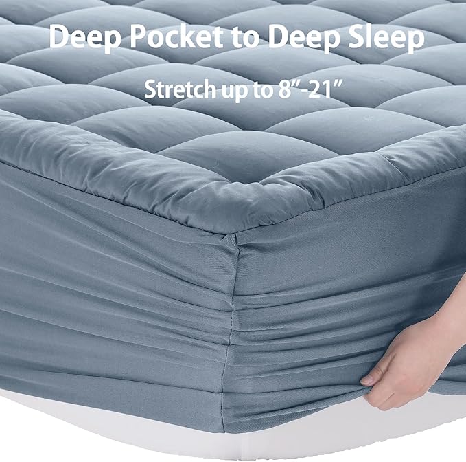 EASELAND California King Mattress Pad Pillow Top Mattress Cover Quilted Fitted Mattress Protector Long 8-21" Deep Pocket Cooling Mattress Topper (72x84 Inches, Dusty Blue)