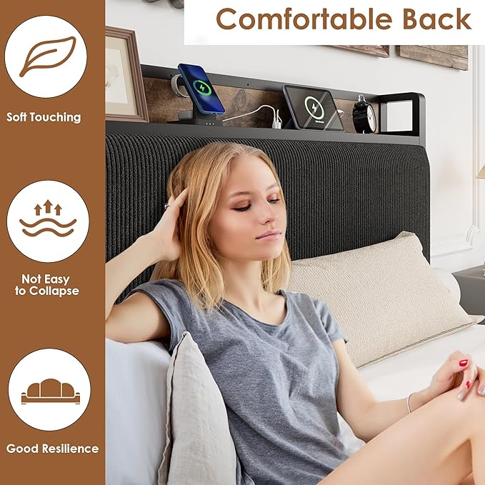 Twin Size Bed Frame with 2 Storage Drawers and Charging Station, Rustic Linen Upholstered Platform Bedframe with Storage Headboard, Heavy Duty, No Box Spring Needed, Easy Assembly, Noise Free, Black