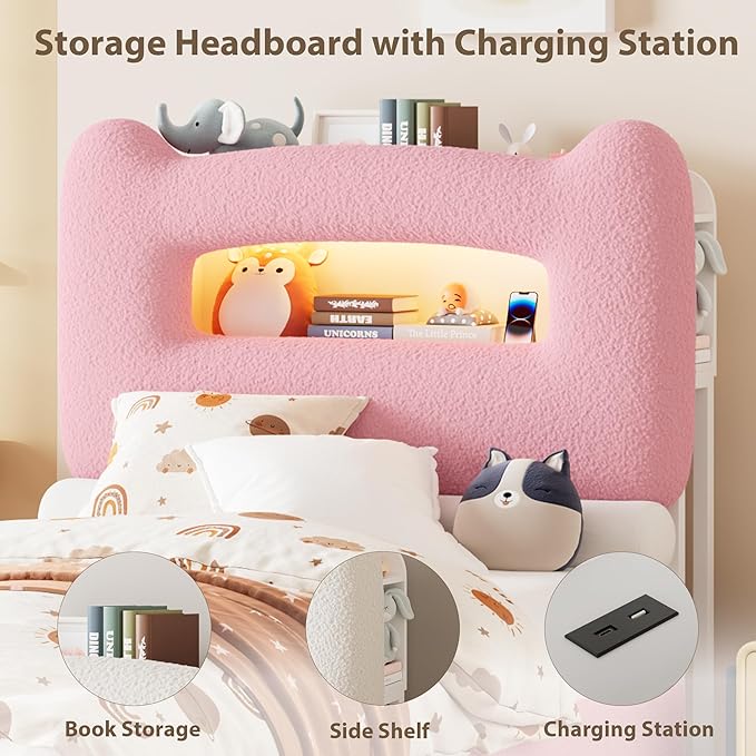 GarveeHome Upholstered Twin Bed Frame with 2-Tier Storage Headboard, LED Platform Bed with Charging Station and Drawer for Kids/Girls/Boys, Heavy Duty Metal Support, No Box Spring Needed, Pink