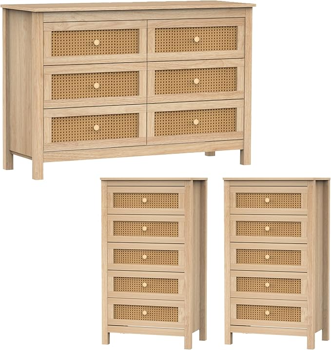 Farmhouse 6 Drawers Dresser with 2pcs 5 Drawer Dresser, Wood Double Dresser Chest of Drawers Wide Storage Organizer Cabinet for Bedroom, Living Room, Natural