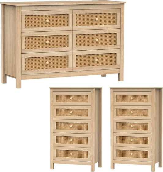 Farmhouse 6 Drawers Dresser with 2pcs 5 Drawer Dresser, Wood Double Dresser Chest of Drawers Wide Storage Organizer Cabinet for Bedroom, Living Room, Natural