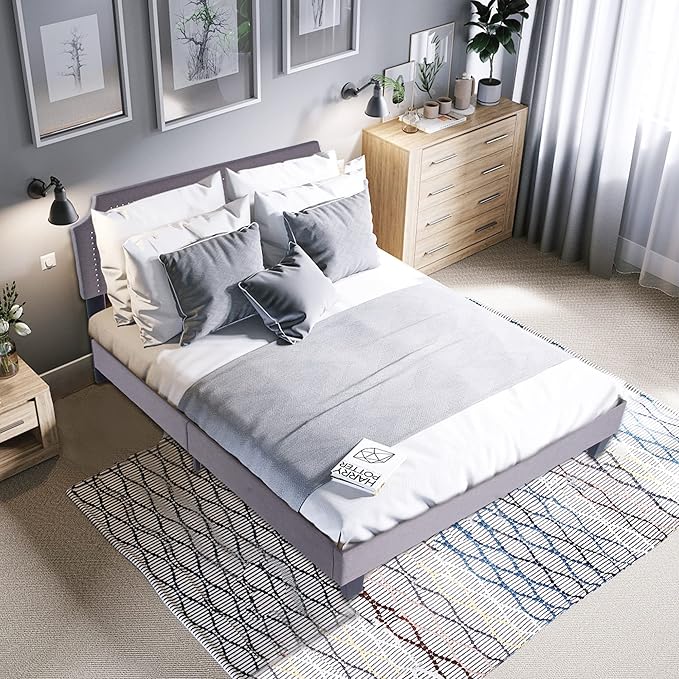 Bed Frame Queen Size, Upholstered Platform with Tufted Headboard Mattress Foundation with Wooden Slats Full for Bedroom School Students Kids Adults Storage Under 500lbs (Grey Fabric, Queen)