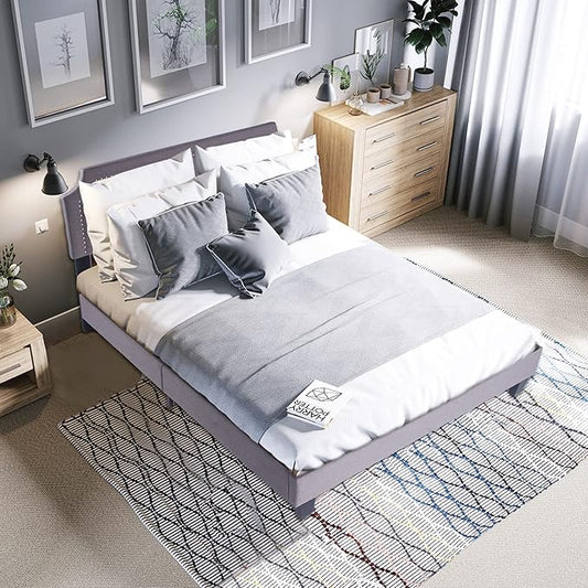 Bed Frame Queen Size, Upholstered Platform with Tufted Headboard Mattress Foundation with Wooden Slats Full for Bedroom School Students Kids Adults Storage Under 500lbs (Grey Fabric, Queen)