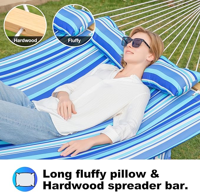 Double Quilted Fabric Tree Hammock with Spreader Bar, 14ft Hammocks 2 Person for Outside, Fits 12ft -14ft Hammock Stand, Large Pillow, Side Pocket & Carabiner, Max 475 lbs Capacity (Ocean Blue)