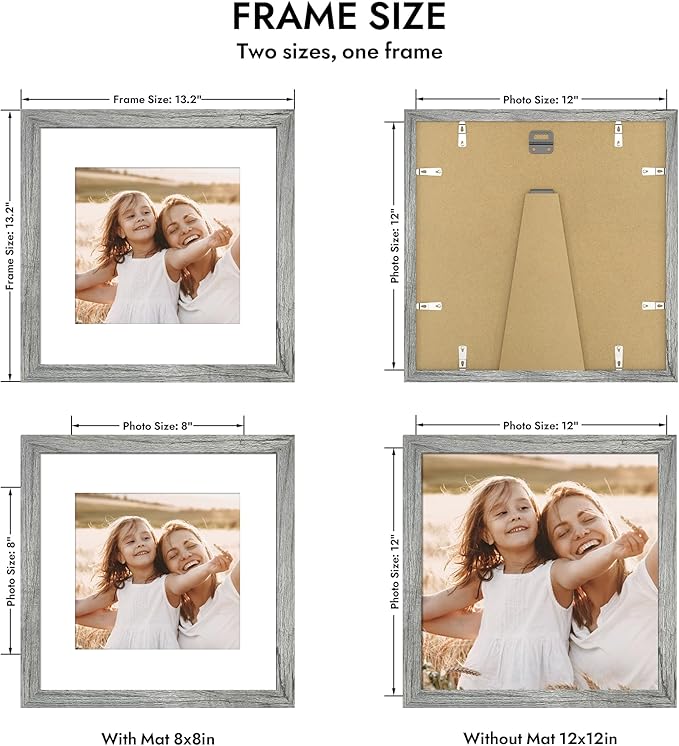 12x12 Picture Frame with Real Glass - 8x8 Wooden Frame with Mat, Horizontal and Vertical Display for Wall or Tabletop (Grey, 1 Pack)