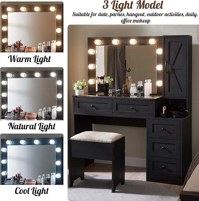 Farmhouse Vanity Desk with Mirror and Lights, 43" Wide Makeup Vanity with Glass Tabletop and Charging Station, Modern Vanity Table Set with Storage and Stool for Bedroom, Black