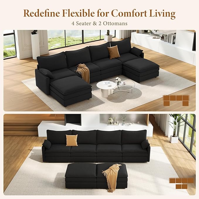 Vesgantti 142" U Shaped Sectional Couch, Comfy Cloud Modular Sectional Sofa with 2 Ottoman Deep Seat Chenille Modern Cloud Sofa, Modular Sofas for Living Room, Bedroom and Apartment, Black