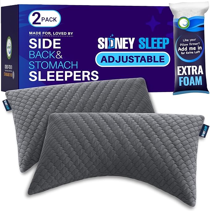 Sidney Sleep Set of 2 Queen Size Bed Pillows for Side and Back Sleepers - Adjustable Filling - Memory Foam Pillows for Neck and Shoulder Pain - Customizable Loft - Extra Foam Included (Grey)