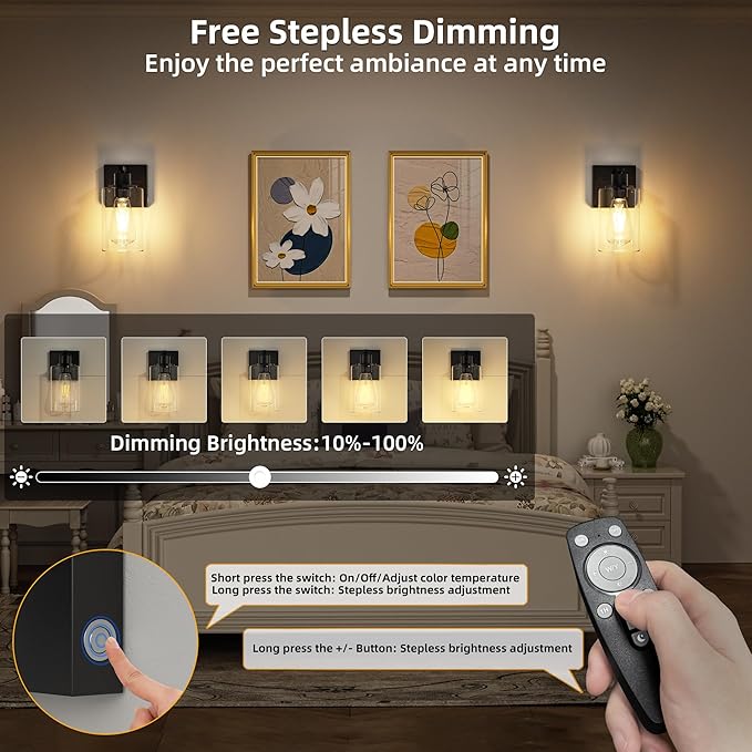 Battery Operated Wall Sconce Set of Two with Remote Wall Light Rechargeable Wireless Cordless Led Glass Wall Lamp Indoor with 3 Color Temperature Dimmable E26 Edison Bulbs for Bedroom Bathroom Hallway