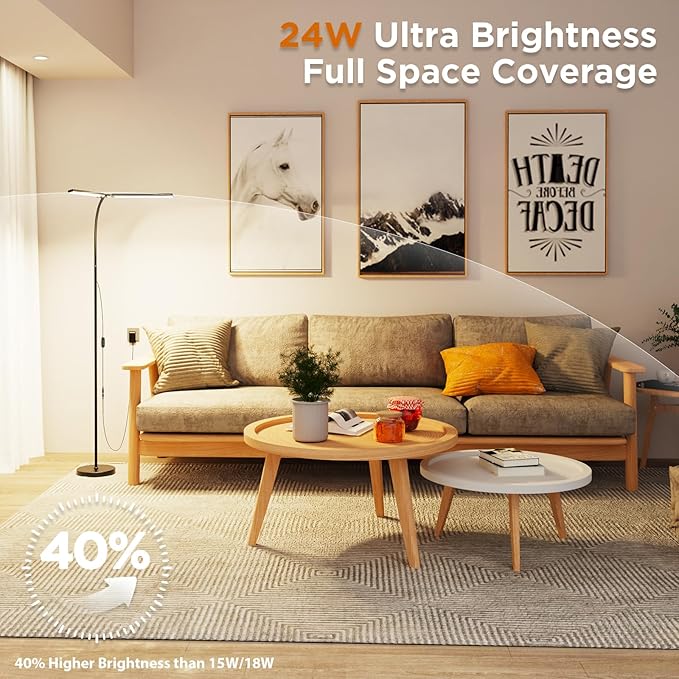 24W Ultra-Bright LED Floor Lamp for Living Room, 2400LM Double Head Craft Light with Adjustable Panels Gooseneck Lamp, Tall Standing Lamp for Office/Reading/Bedroom/Piano/Tattoo/Sewing/Puzzle/Lash