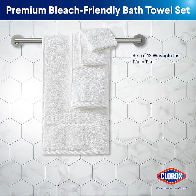 CLOROX Bleach Friendly, Quick Dry, 100% Cotton Washcloths (12" x 12"), Highly Absorbent Soft Lightweight, Ideal for Everyday Use, Easy to Wash (12 Pack, White)