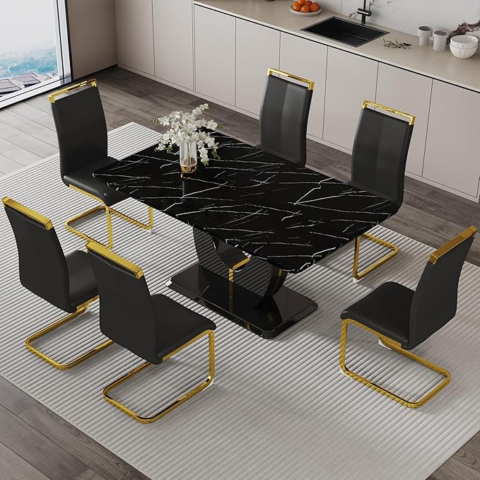 Dining Table Set for 6, Kitchen Table Chairs Set of 6, Modern Dining Room Set with 63 inch Marble Dinner Table PU Leather Upholstered Chairs for Dining Room Kitchen