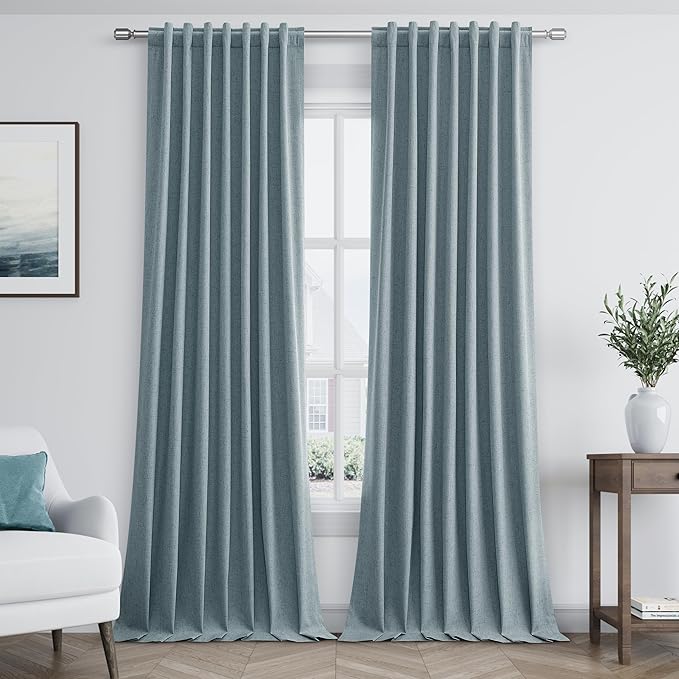 Guken Dark Blue Blackout Curtains 96 Inch Length 2 Panels Set for Living Room Bedroom Back Tab Thermal Insulated 100% Black Out Linen Drapes Room Darkening Window Curtains 96 Inches Long Dark Blue