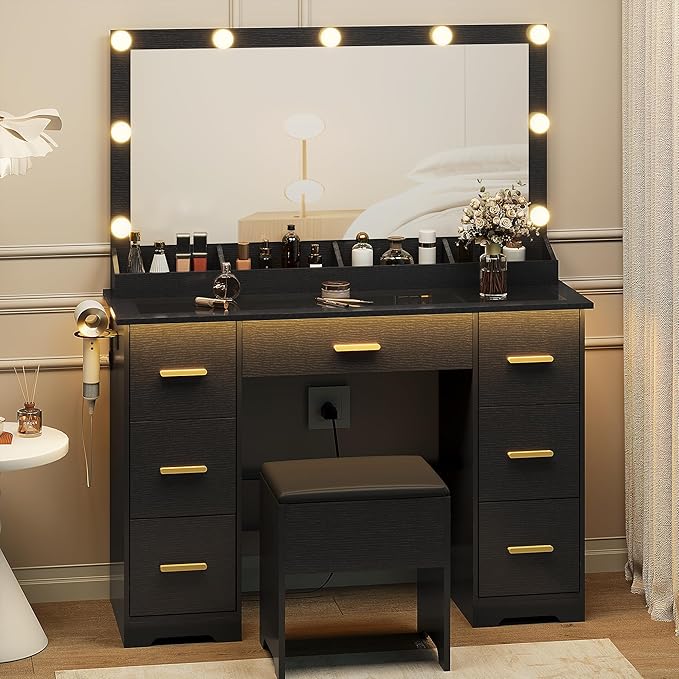 Makeup Vanity Desk with Mirror and Lights, Glass Top Vanity with 38" Lighted Mirror & Charging Station, Large Vanity Mirror with Lights Desk and Chair for Girls 3 Lightings Mode Adjusted, Black