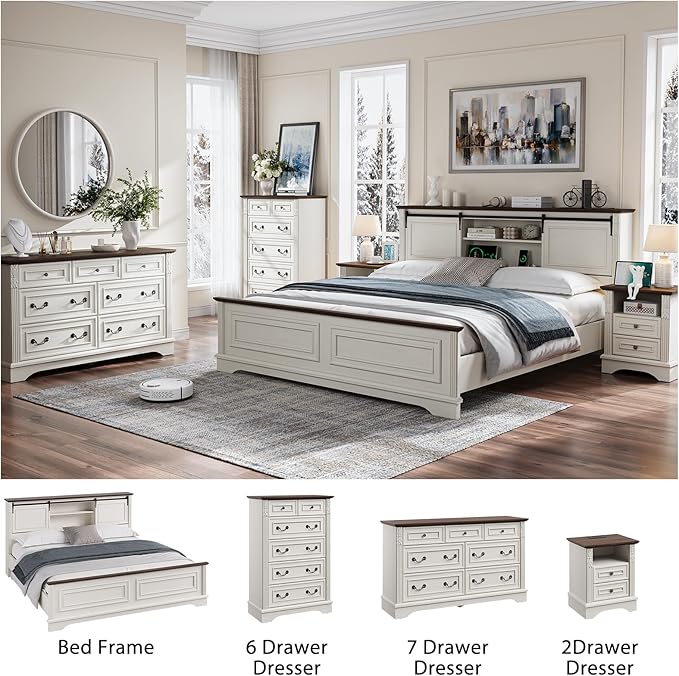 Modern 6 Drawers Dresser for Bedroom, White Farmhouse Dressers, 47" Tall Chest of Drawers w/Carved Wood Pilasters, Wood Closet Organizers and Storage Cabinet for Bedroom, Living Room