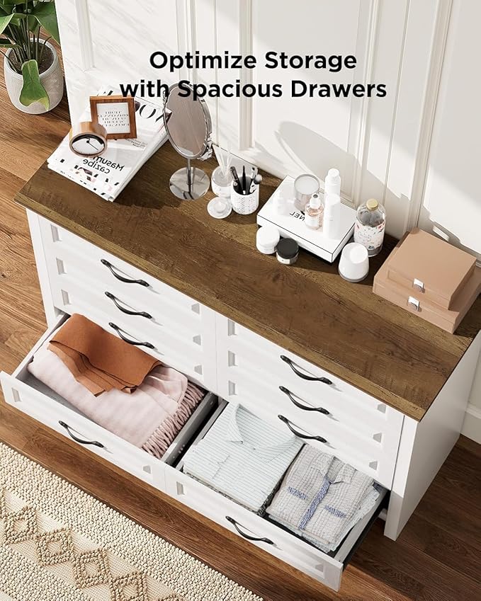 Pipishell White 8 Drawer Dresser for Bedroom, 47" Wide Wood Chest of Drawers with Bar Handles, Modern Storage Dresser Organizer for Bedroom, Living Room, Hallway, Brown & White