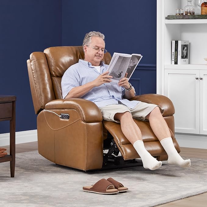 Watson & Whitely Genuine Leather Power Recliner Chairs for Adults, Wall Hugger RV Recliner with Power Headrest & Charging Ports, Electric Recliner Sofa Chair for Living Room, Saddle Brown