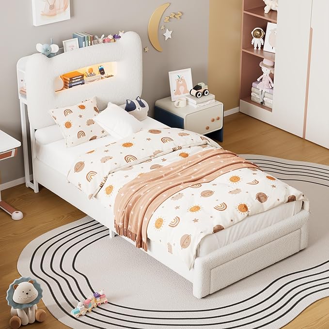 GarveeHome Upholstered Twin Bed Frame with 2-Tier Storage Headboard, LED Platform Bed with Charging Station and Drawer for Kids/Girls/Boys, Heavy Duty Metal Support, No Box Spring Needed, Beige