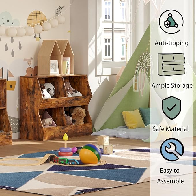 DINZI LVJ Kids Bookshelf, Toy Storage Organizer, Wooden Toy Cabinet, 4 Cubby Children Bookcase, 31.5" L Toddler Book Shelf for Bedroom, Nursery, Hallway, School, Rustic Brown