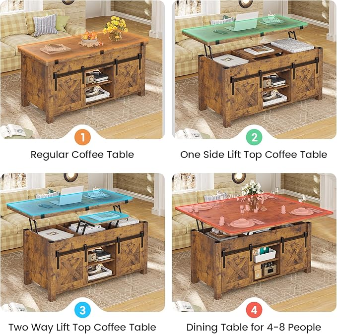 SEDETA Lift Top Coffee Table, 4 in 1 Convertible Coffee Tables with Storage and Hidden Compartment for Living Room, Farmhouse Coffee Table Converts to Dining Table, Dining Reception Room, Rustic Brown