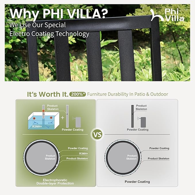 PHI VILLA 9 Pieces Outdoor Dining Set for 8, 60” Wood-Like Large Square Metal Steel Dining Table & Stackable Iron Chairs, Dining Furniture Set for Patio, Deck, Yard, Porch