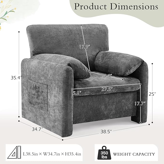 39" Modern Chenille Oversized Armchair, Wide Accent Chair, Mid Century Single Sofa Chairs, Comfy Upholstered Reading Chair for Living Room, Bedroom, and Apartment (Grey)
