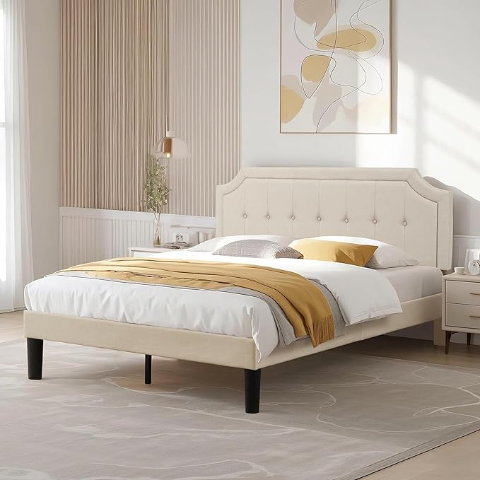 VECELO Queen Size Platform Bed Frame with Fabric Upholstered Headboard and Wooden Slats Support, No Box Spring Needed/Easy Assembly,Beige