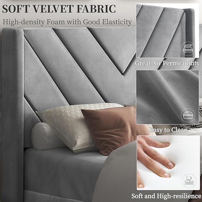 Yaheetech Twin Bed Frame Upholstered Platform Bed with Wing Side/Wooden Slat Support/Tufted Headboard with Wing Side/Mattress Foundation/No Box Spring Needed,Light Gray Twin Bed