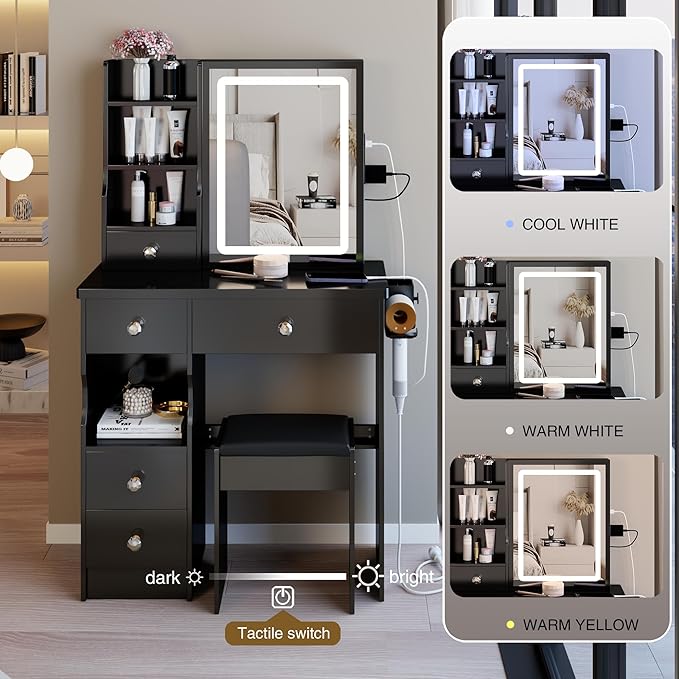 29.2" Small Vanity Desk with Mirror and Lights, Makeup Table with 2 AC+2 USB Power Station, Hair Dryer Bracket, Vanity Set with 5 Drawers and Stool for Small Space Bedroom, Black