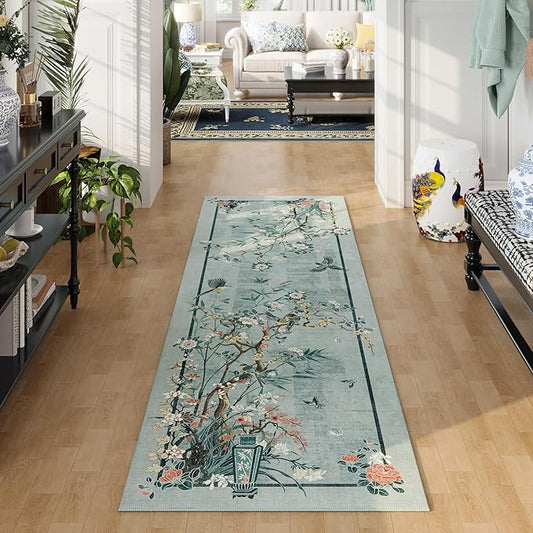 Runner Rug 2x6 Chinoiserie-Style Floral Vintage Kitchen Rugs Non Slip Washable with Rubber Backing Soft Carpet for Laundry, Bedroom, Bathroom, Blue