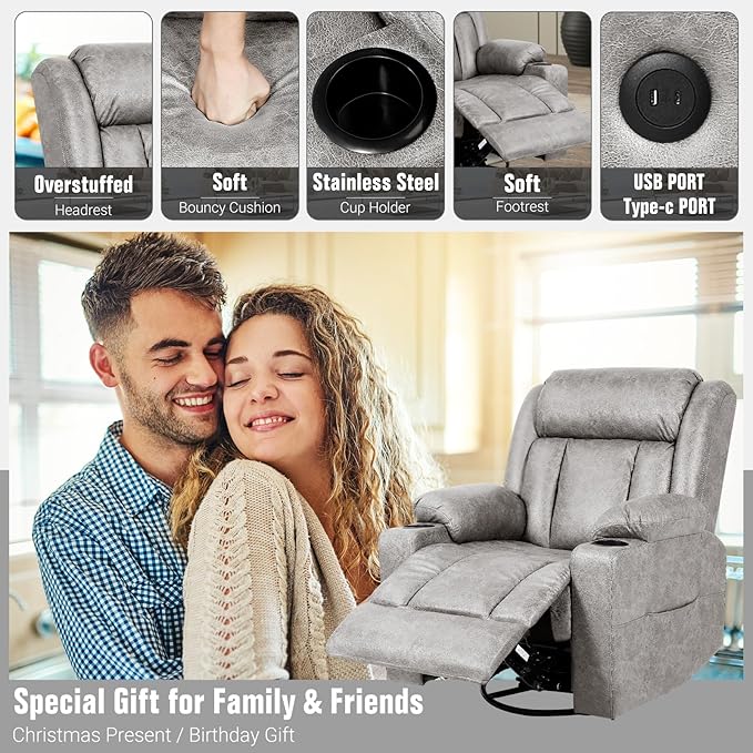 LEVELEVE Retro Rocking Recliner Chair, Massage Rocker Recliner Chair with Vibration Massage and Heat, USB and Type-C Ports,360° Swivel Chairs, Living Room, Bedroom, Nursery, RV, Light Grey