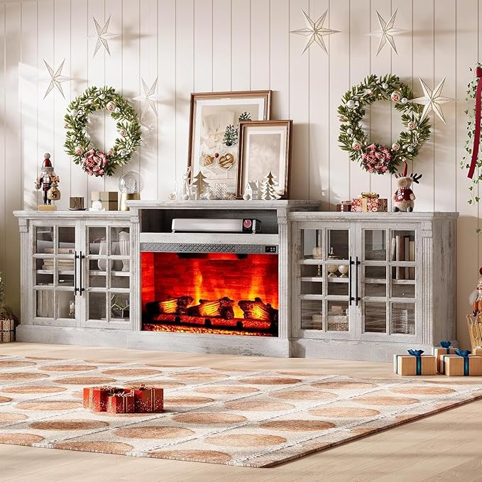 97" Farmhouse TV Stand with 33" Fireplace for TVs up to 100", Media Entertainment Center with Large Storage Cabinet and Adjustable Shelves for Living Room, Light Grey