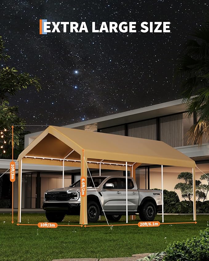 Garvee 10x20 Heavy Duty Carport, Galvanized Steel Outdoor Car Canopy with UV-Resistant & Water-Resistant PE Cover, Portable Garage for SUV, Truck, Boat, Yellow