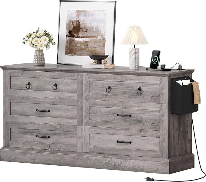 DWVO Farmhouse 6 Drawers Dresser, 59" Wide Wood Rustic Chest of Drawers with Nice Texture, Vintage Design, Storage Dressers Organizer for Living Room, Hallway, Grey