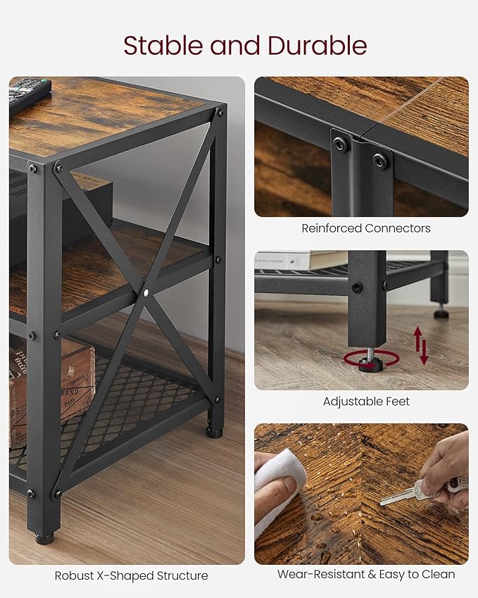 VASAGLE TV Stand, TV Console for TVs Up to 65 Inches, TV Table, 55.1 Inches Width, TV Cabinet with Storage Shelves, Steel Frame, for Living Room, Bedroom, Rustic Brown and Black ULTV094B01