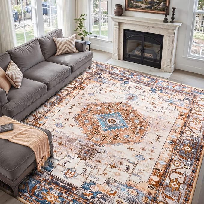 Large Washable 6x9 Area Rug, Orange Vintage Floral Rugs for Living Room, Non Slip Low Pile Carpet for Bedroom Dining Room, Thin Indoor Carpet for Office Classroom