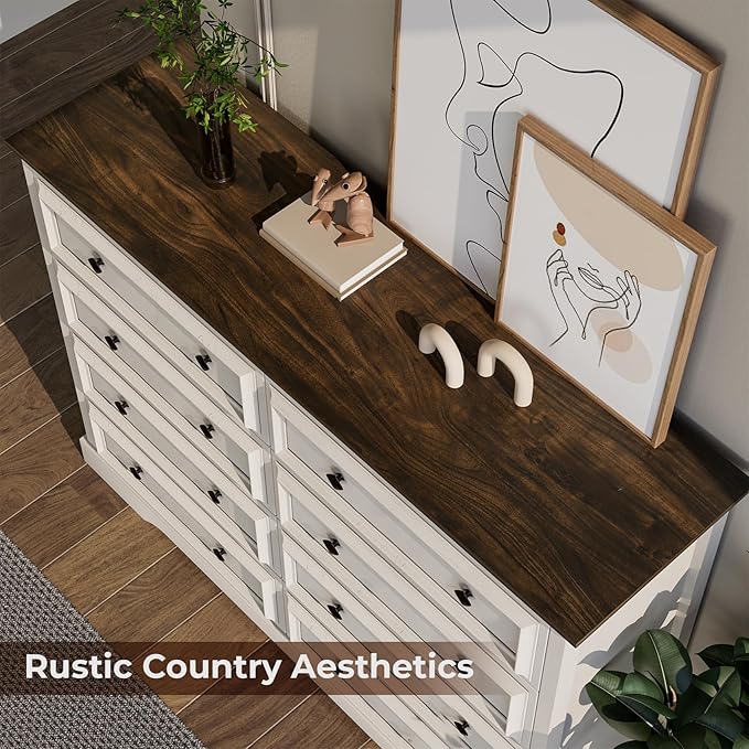 Farmhouse 8 Drawer Dresser for Bedroom, 54" Wide Wood Dresser with Natural Texture, Vintage Metal Double Hand Knobs, Rustic Chest of Drawers for Bedroom, Living Room, Hallway, Antique White