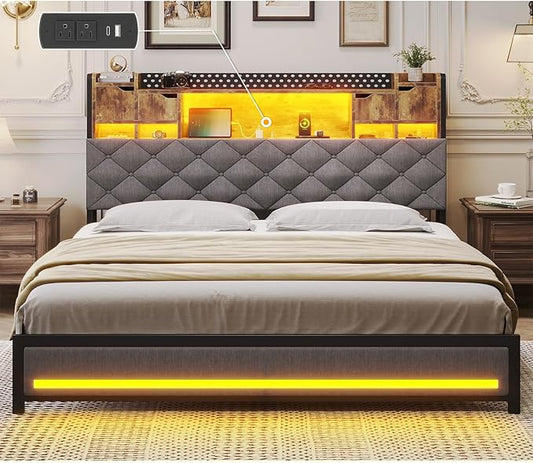 Queen Platform Bed Frame with Headboard and Hidden Storage, Bookcase Bed Frame with Charging Station and Smart LED Lights, Noise-Free,Heavy Duty Metal Support, No Box Spring Needed, Gray