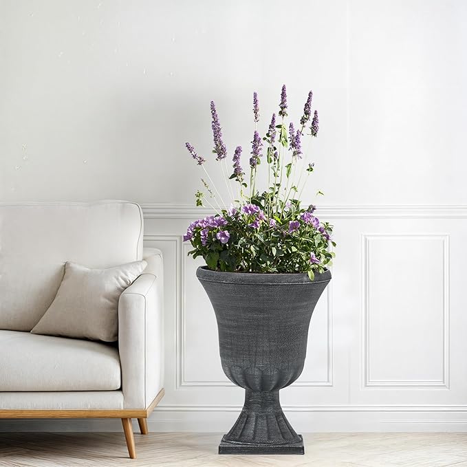 22" Urn Planters Outdoor Planter for Plants Set of 2 Timeless Plastic Large Flower Pot with Drainage Hole Handmade Washed Black Finish Garden Pots for Porch, Patio Christmas Decor