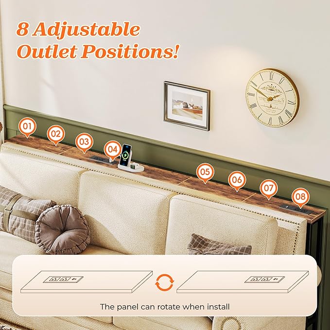 SUPERJARE 79 Inch Sofa Table with 2 Power Outlets and USB-C Ports, 5.9 Inch Narrow Console Table with Storage, Long Entryway Hallway Couch Table Behind Sofa, Small Spaces, Living Room, Rustic Brown