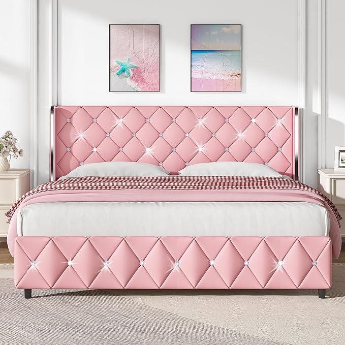 King Bed Frame and Headboard, Faux Leather Upholstered Bed with Wingback Design, Pink Bed Frame with Diamond, No Box Spring Needed, Easy Assembly