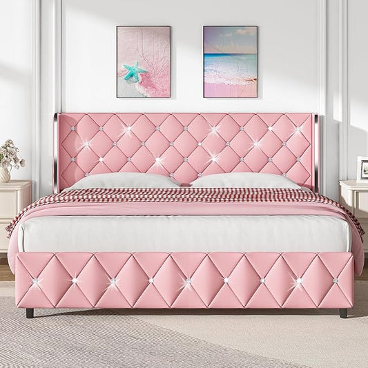 King Bed Frame and Headboard, Faux Leather Upholstered Bed with Wingback Design, Pink Bed Frame with Diamond, No Box Spring Needed, Easy Assembly