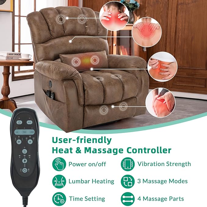VIVIJASON Tall Man Large Dual Motor Power Lift Recliner Chair with Extended Footrest, Overstuffed Lay Flat Sleeper Electric Recliner W/Heat & Massage, Lumbar Pillow, USB & Type-C Ports, Brown