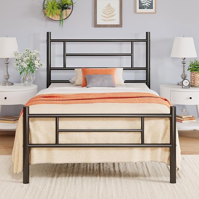 Allewie 14 Inch Twin Size Metal Platform Bed Frame with Headboard and Footboard, Underbed Storage, Strong Metal Slats Support, Mattress Foundation, No Box Spring Needed, Easy Assembly, Black