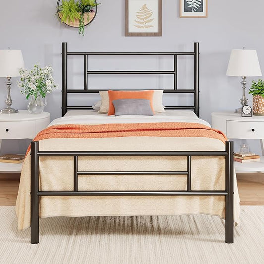 Allewie 14 Inch Twin Size Metal Platform Bed Frame with Headboard and Footboard, Underbed Storage, Strong Metal Slats Support, Mattress Foundation, No Box Spring Needed, Easy Assembly, Black
