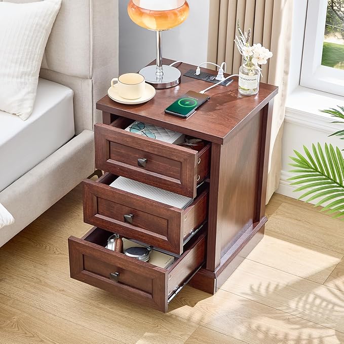 SOOWERY Dresser for Bedroom, Farmhouse Dresser with 3 Wooden Drawers and Storage Cabinet, 25 Inches Tall Side Table Chest of Drawers for Bedroom, Living Room, Hallway, Dark Cherry