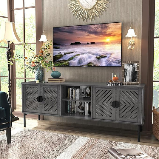 ARTPOWER 63" Modern TV Stands for Living Room, Long Entertainment Center with Storage, TV Console for 55 60 65 70 Inch TV, Bedroom TV Cabinet with Doors, Wood Media Console, Television Stand, Grey