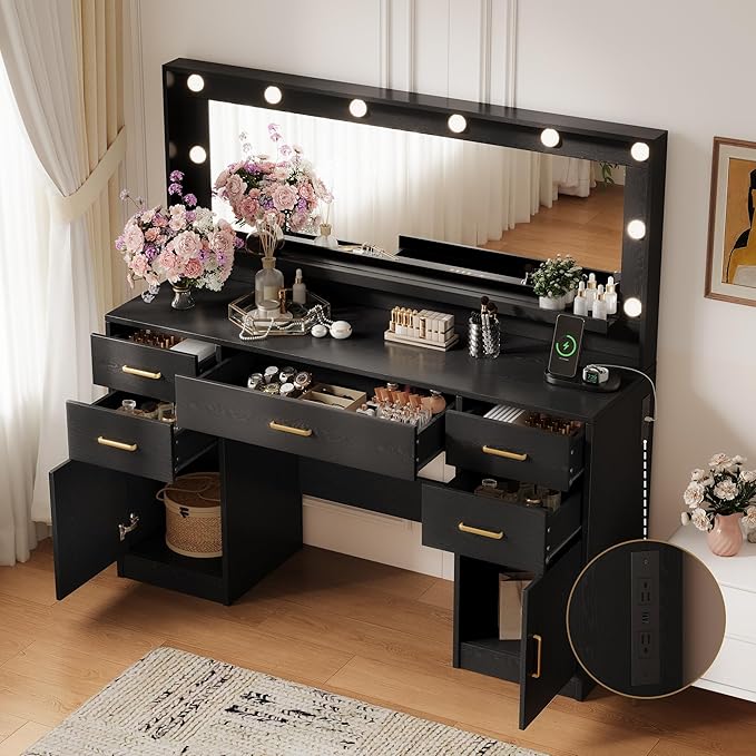 44.8" Large Vanity Desk with Lighted Mirror & Power Outlet, Black Makeup Vanity Desk with Mirror and Lights, Black Vanity Table with 5 Drawers and 2 Cabinets, Dressing Table for Bedroom