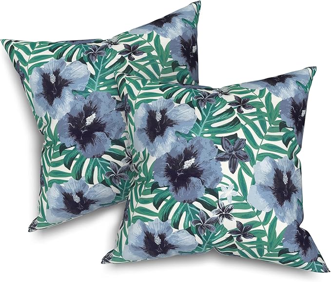 Outdoor Throw Pillows with Inners, All Weather Patio Pillows Set of 2, Square Pillows Decorative for Home Garden Furniture, 20x20 Inch, Blue Salmone Tropical